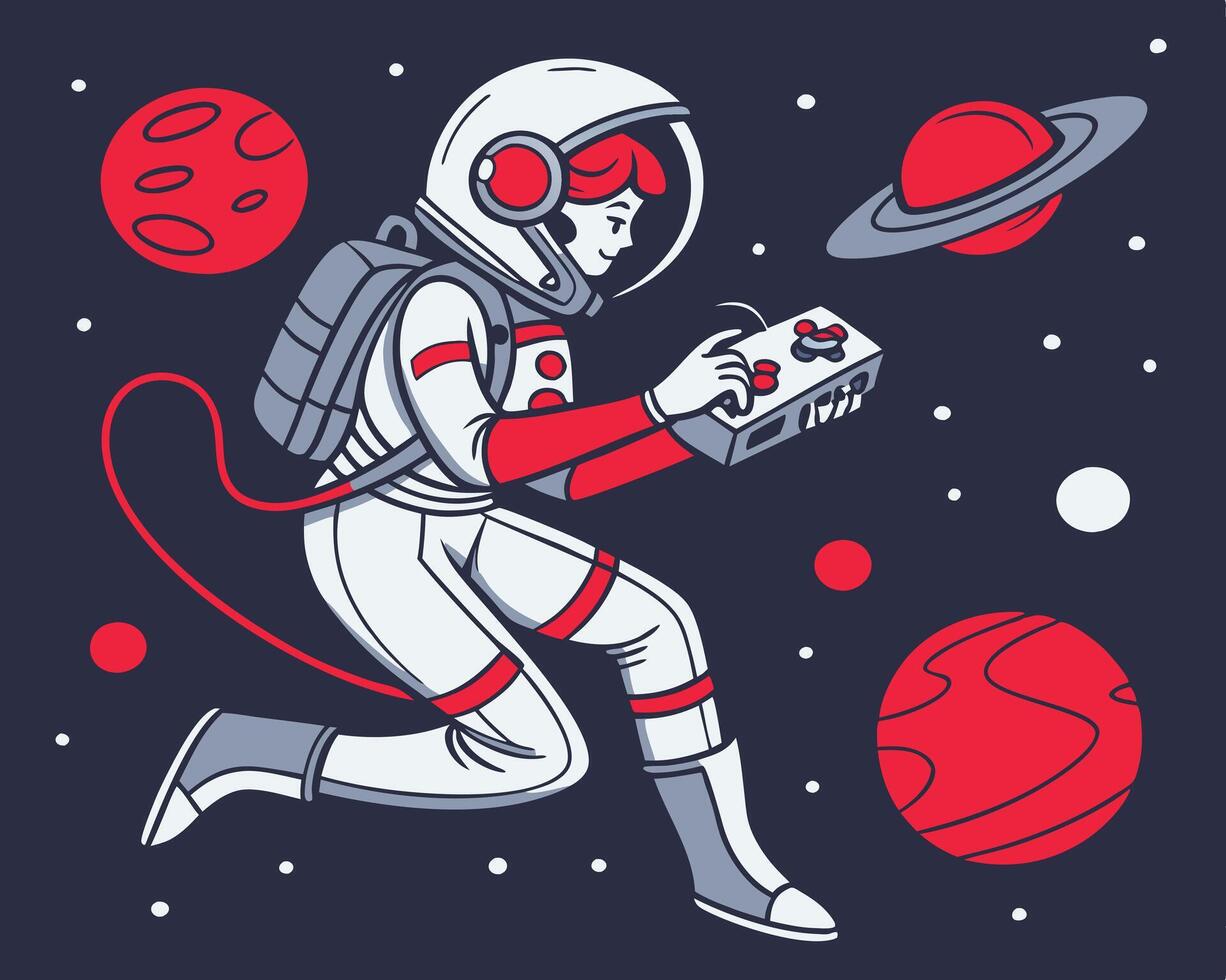 Astronaut Exploring Space Holding a Game Controller, Surrounded by Colorful Planets vector