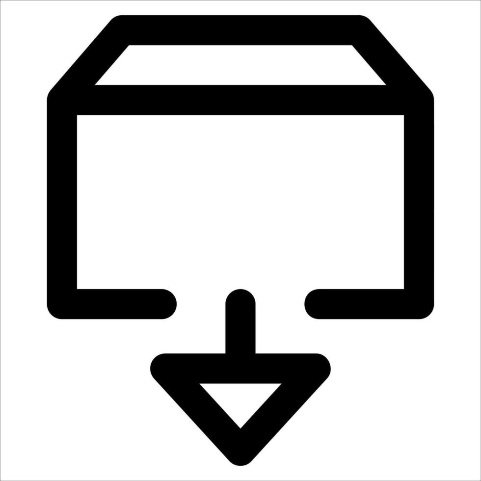 A unique black and white icon of a box with an arrow pointing down in white background vector