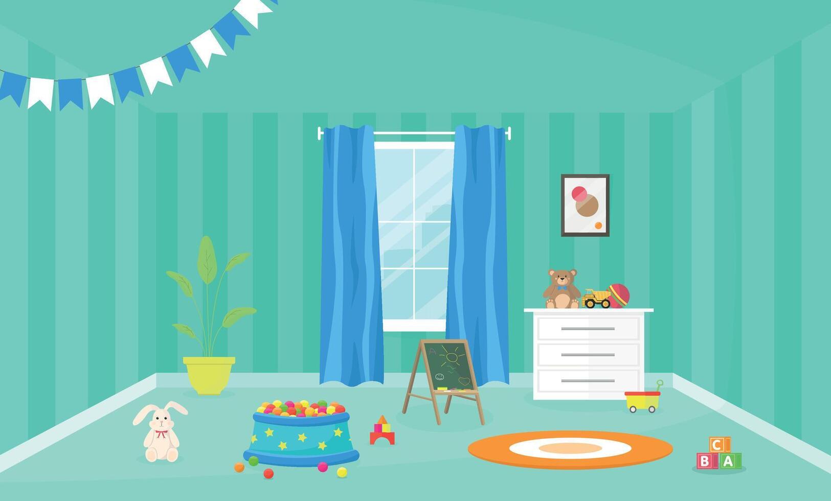 Interior of children's playroom with toys. Playroom. Toys for a boy or girl. Kindergarten at home. vector