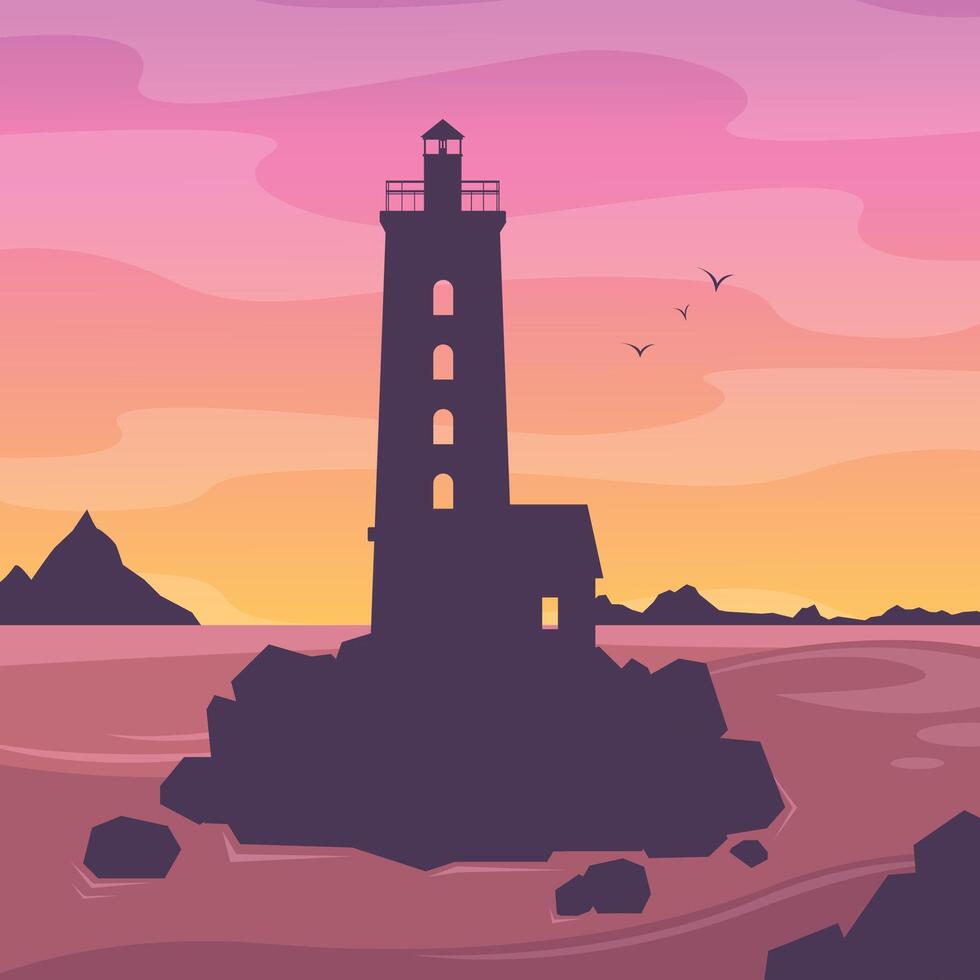 Sunset landscape with lighthouse on rocks in the sea. Coastal, guiding lighthouse. Tower. vector