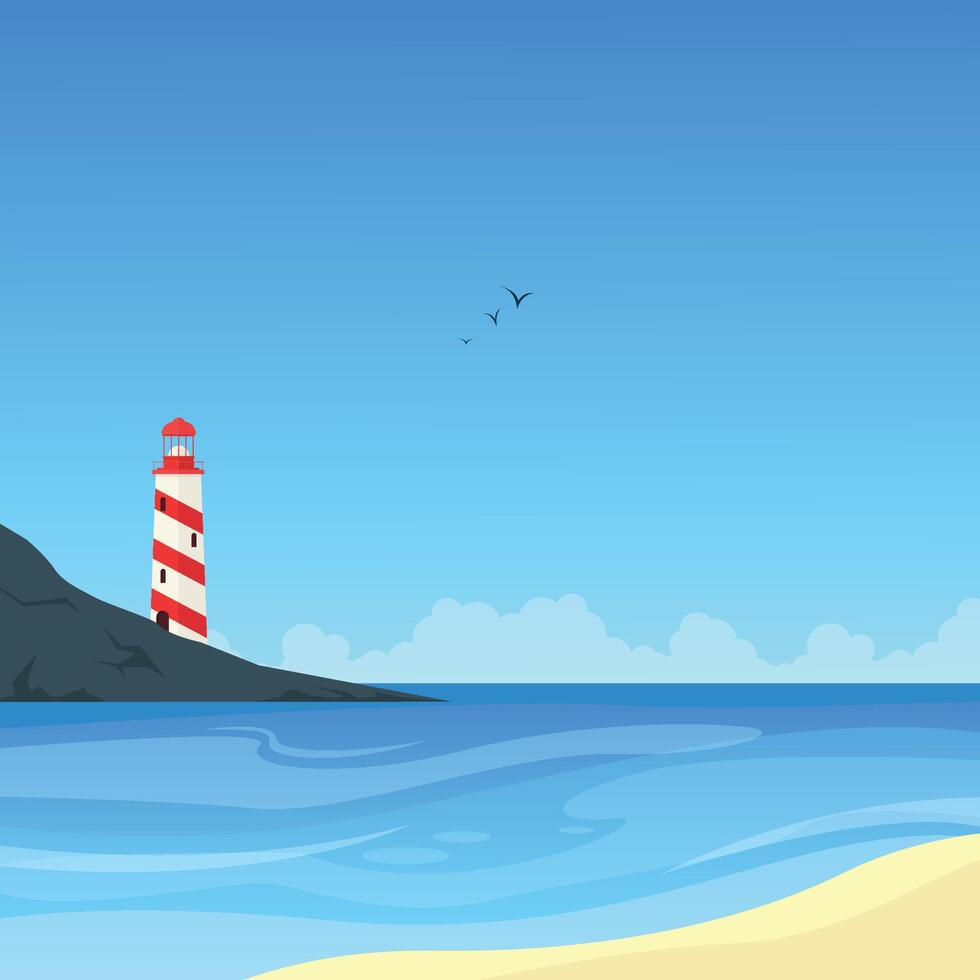 Landscape with a lighthouse on a rock in the ocean. Architecture. Coastline. Guiding lighthouse. vector