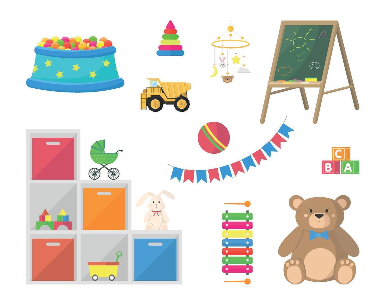 Toy icon set. Shelves with toys, dry ball pool, etc. vector