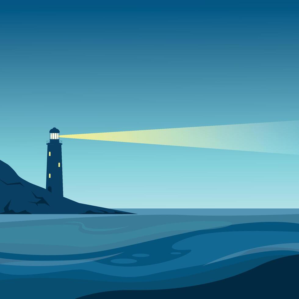 Night landscape with lighthouse on a rock and light. Lighthouse in the ocean. Guiding lighthouse. vector
