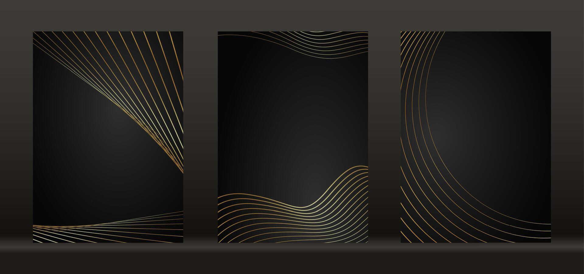 Set card collection of luxury wedding invitation. Gold elegant geometric shape and golden wavy lines on black background. premium design for wedding, vip cover template, poster, banner vector