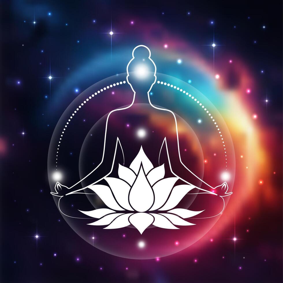 Chakras concept, woman sitting in lotus position and meditating. Sacred Lotus flower, logo design, symbol of yoga, spa, beauty salon, cosmetics, relax. Mystical planet on starry galaxy background vector