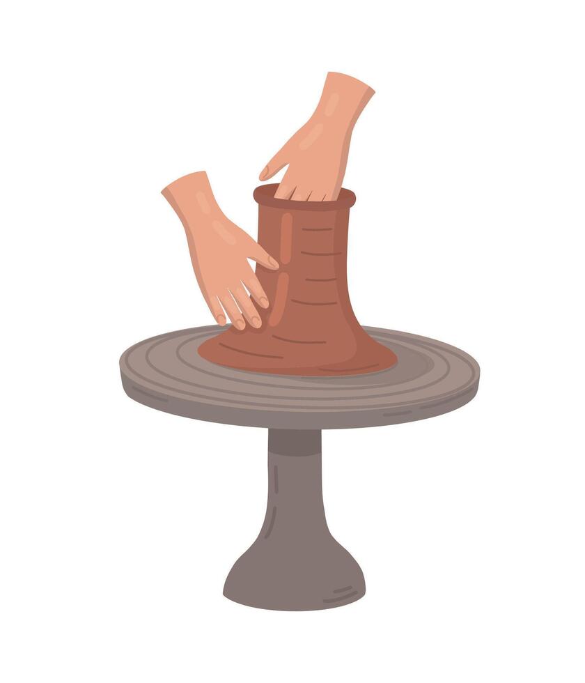 Potter makes a clay pot on a potter is wheel, illustration.Manual production of a pot from clay material on a potter is wheel. Cartoon-style illustration for hobby pottery craft. illustr vector
