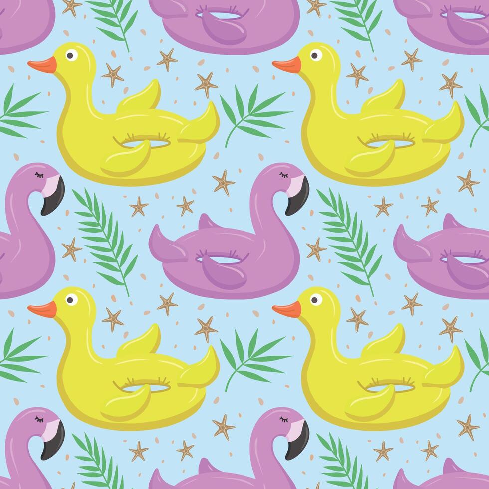 Seamless pattern with pink flamingo and yellow duck. A float for the pool. Inflatable colorful ducks and flamingos. A swimming circle. vector