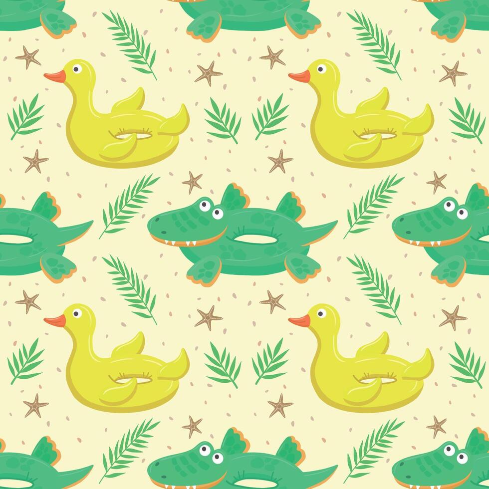 Seamless pattern with green inflatable crocodile and yellow duck. A float for the pool. Inflatable colorful crocodiles and a duck. A swimming circle. template for your summer design vector