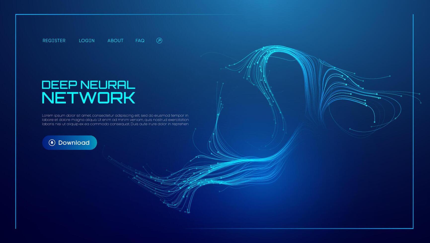 Neural network background with AI data in abstract tech waves. Blue science with artificial flow and digital light lines. Future graphic technology pattern in 3D banner concept design. vector