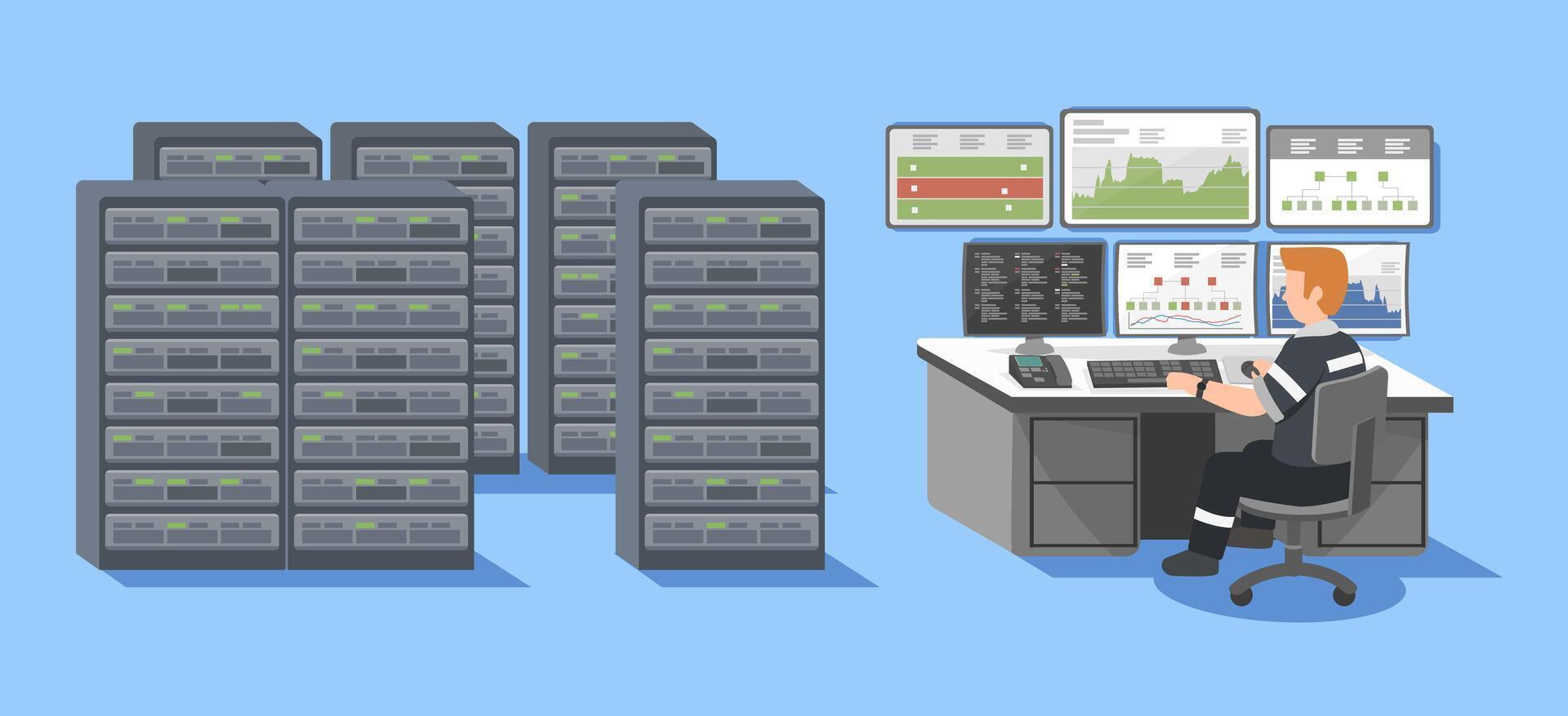 IT specialist monitoring server racks and analyzing system performance dashboards in a modern flat cartoon data center control room blue sky color tone vector