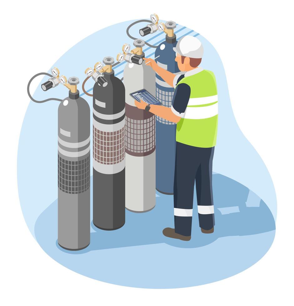 Industrial engineer inspecting gas cylinder system with checklist at factory facility for safety and maintenance control isometric cartoon vector