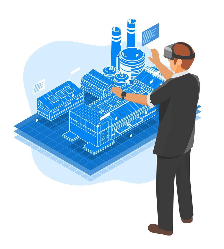 Isometric illustration of a man using virtual reality to manage and control a smart industrial facility representing advanced technology in modern manufacturing and factory operations vector