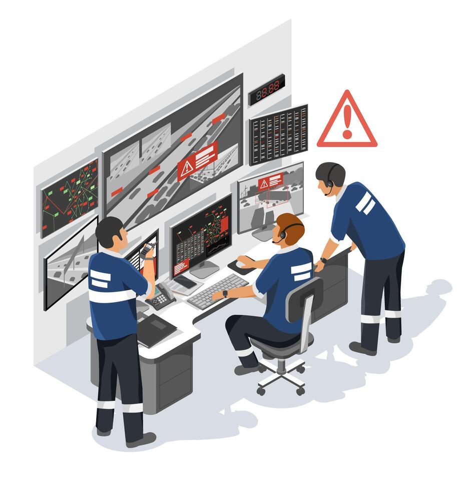 Traffic control team managing emergency road incidents and resolving critical congestion using real-time monitoring systems in city command center vector