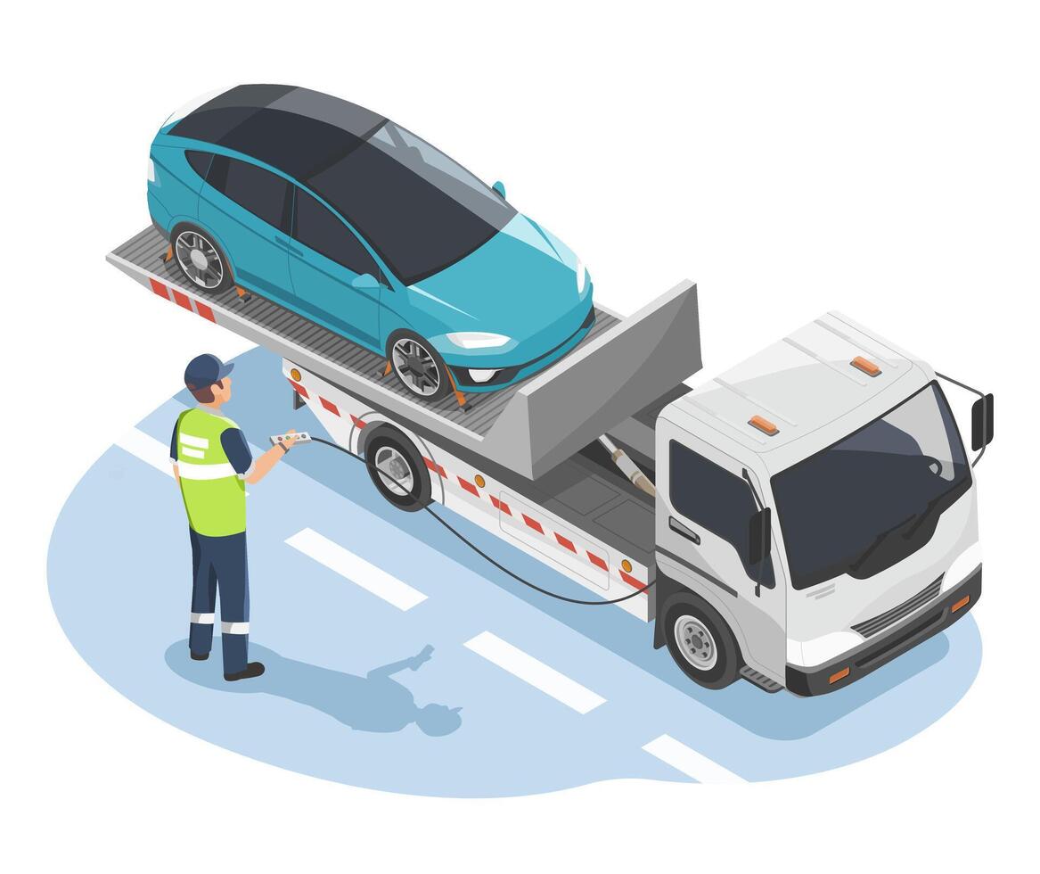 Roadside assistance staff operating a flatbed tow truck to transport a broken-down electric car under insurance coverage and after-sales service support vector