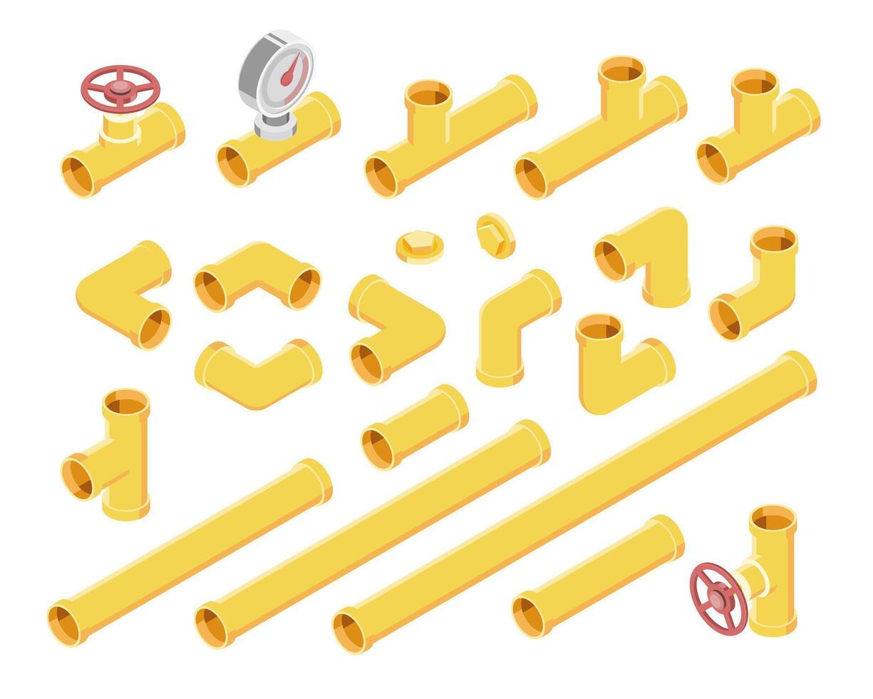 Isometric illustration set of yellow industrial gas pipe fittings valves and connectors isolated on white background for plumbing construction or factory engineering design vector