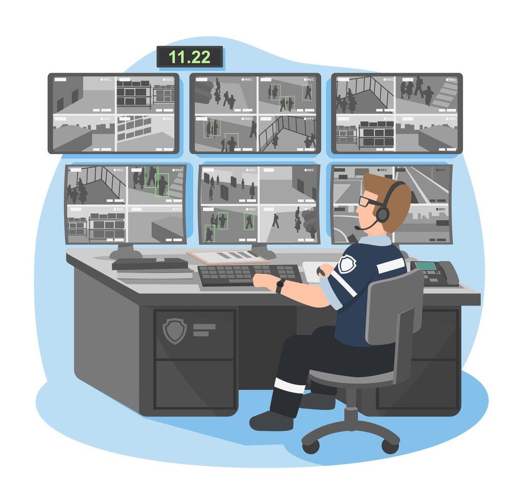 Security officer monitoring multiple surveillance cameras in control room for building safety and crime prevention during night shift vector