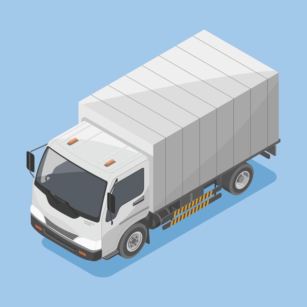 Isometric illustration of a white medium sized box truck with closed cargo compartment shown on blue background for delivery and logistics concept vector