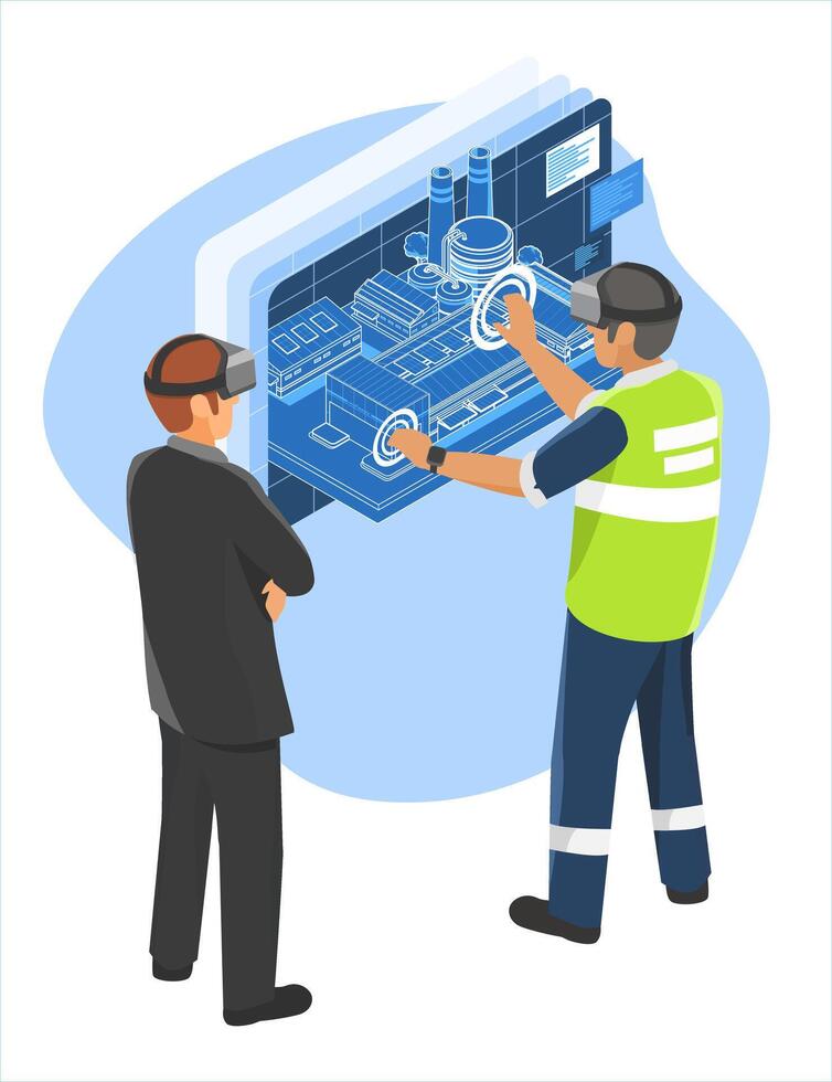 Engineer and executive using virtual reality to interact with a digital twin system for real-time industrial process visualization and smart factory management vector
