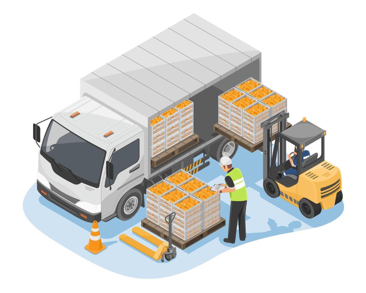 Isometric illustration of food distribution and logistics process with workers loading crates of produce onto a truck representing medium sized business and import export operations vector