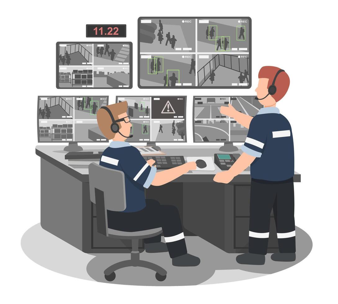 City surveillance control room with two security officers monitoring multiple CCTV feeds for urban safety and crime prevention vector
