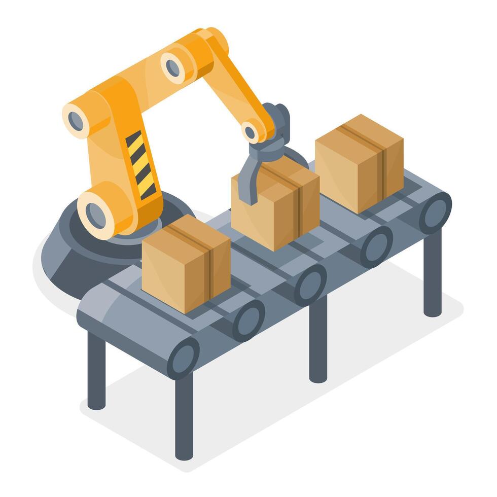simple Isometric robotic arm operating on automated conveyor belt system handling cardboard boxes in modern industrial manufacturing process vector