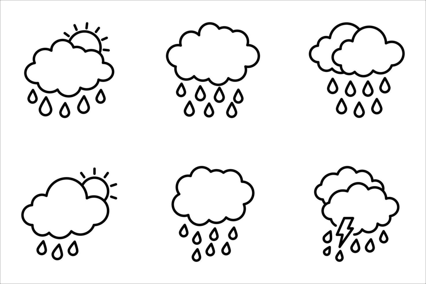 Rain icon set, Cloud signs, Storm weather symbol, Raindrop symbols, illustration isolated on white background. vector