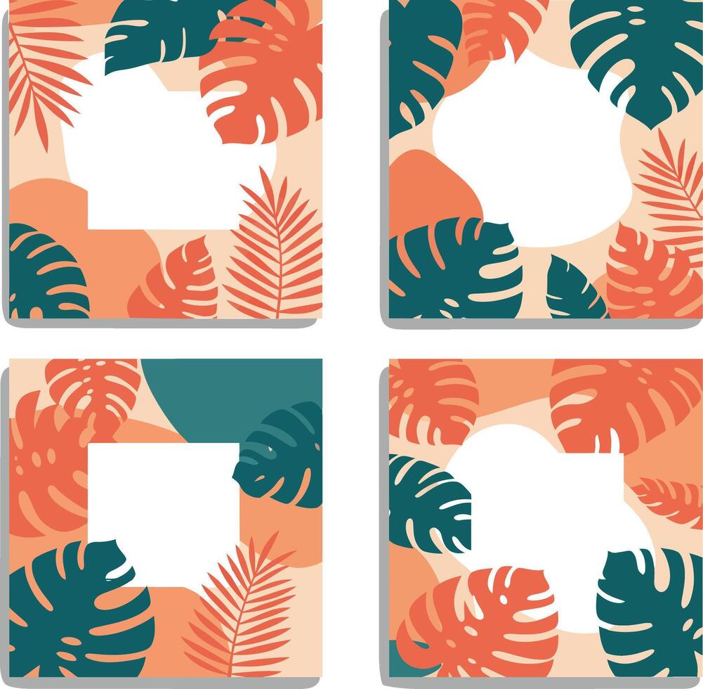 Four square frames with tropical leaves vector