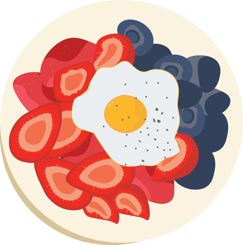 a plate with an egg, strawberries and blueberries vector