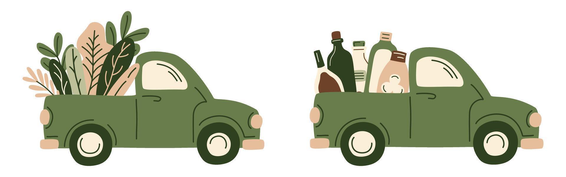Vintage green pickup trucks loaded with fresh farm produce. Hand-drawn, rustic illustration featuring vegetables and bottles. Perfect for farmers markets, organic food, countryside designs. vector