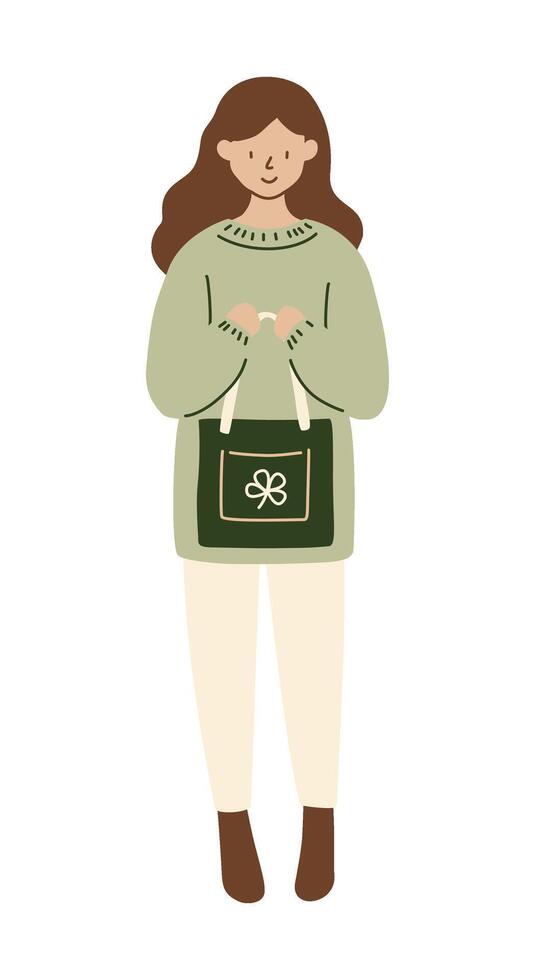 Woman standing with reusable tote bag. She is dressed in an oversized green sweater, cream-colored pants, with brown hair, eco-conscious shopping experience. Minimalist flat-style illustration. vector