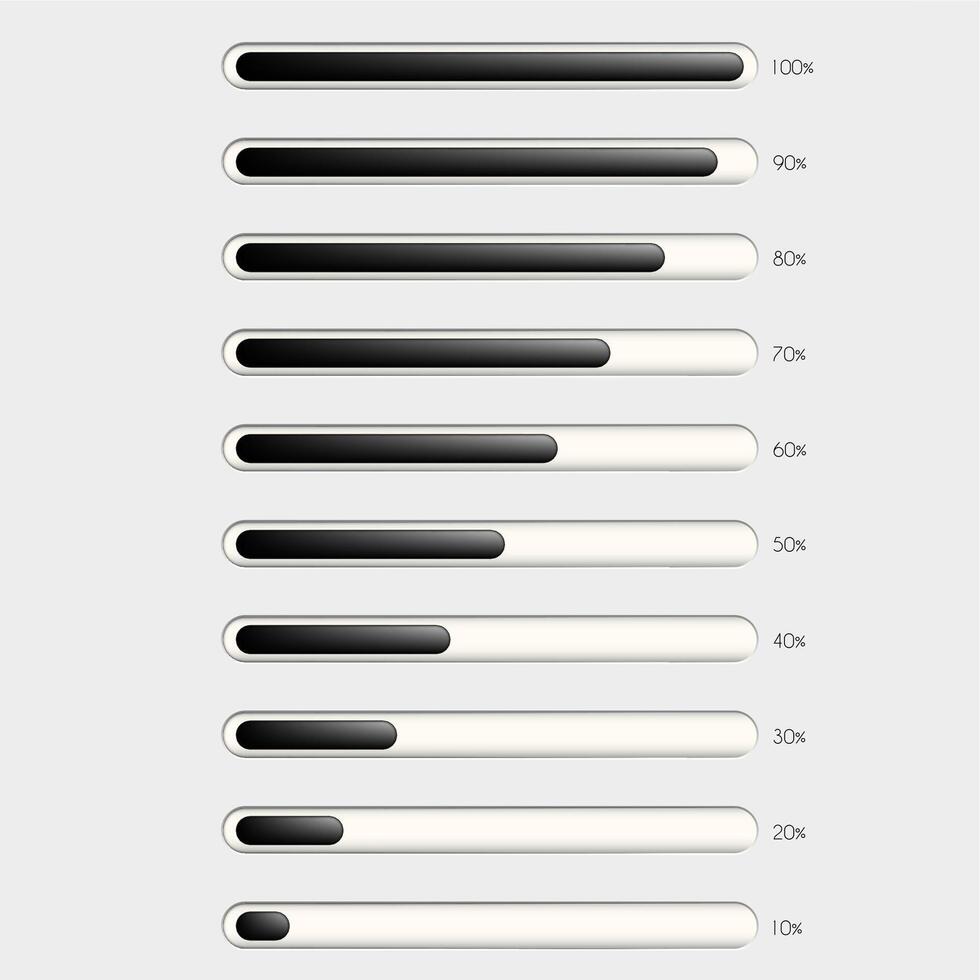 horizontal progress bars filled with a black section indicating percentage completion vector
