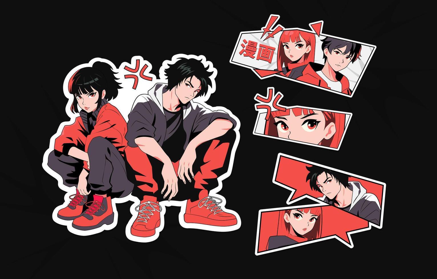 Japanese Anime and Manga Characters Stickers vector