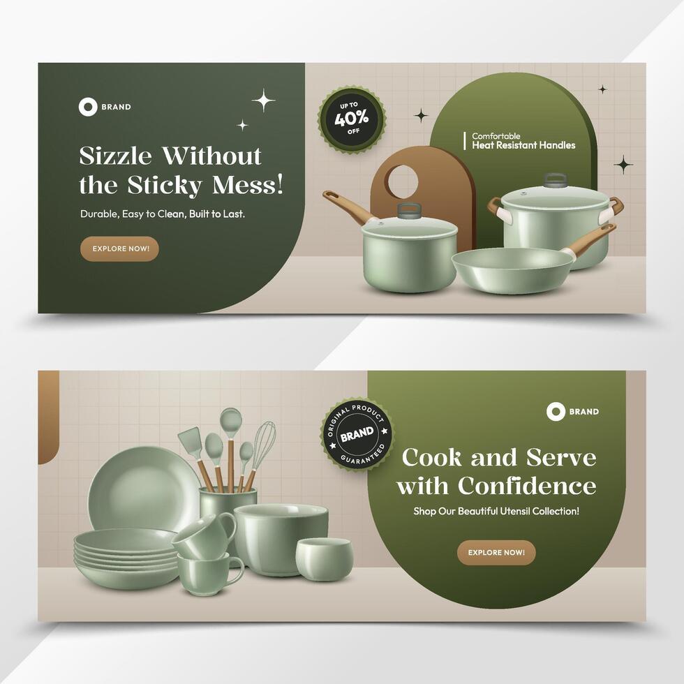 Realistic Kitchen Utensils Horizontal Banner Set vector