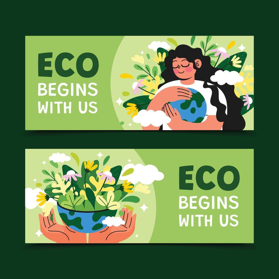 Eco Begins with us flat Horizontal Banner Set vector
