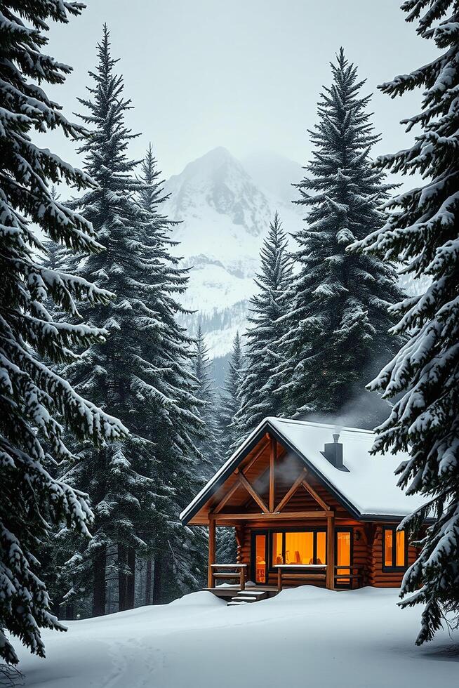 A wooden cabin surrounded by snow-covered trees under a soft snowfall in the mountains photo