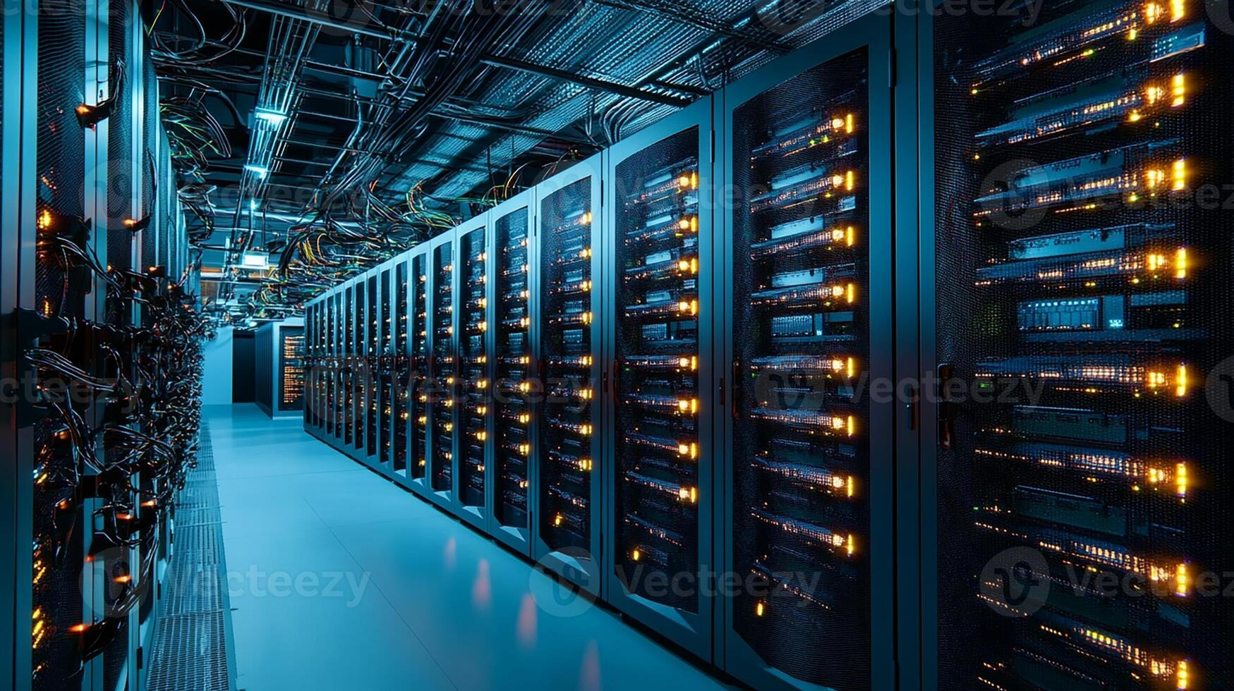 Modern Data Center with Powerful Servers and Glowing Network Lights photo