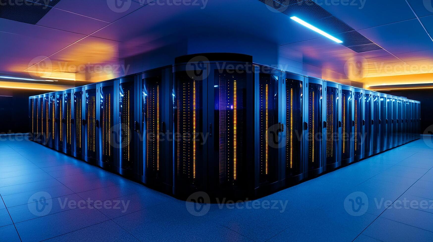 Futuristic Data Center with Illuminated Server Racks photo