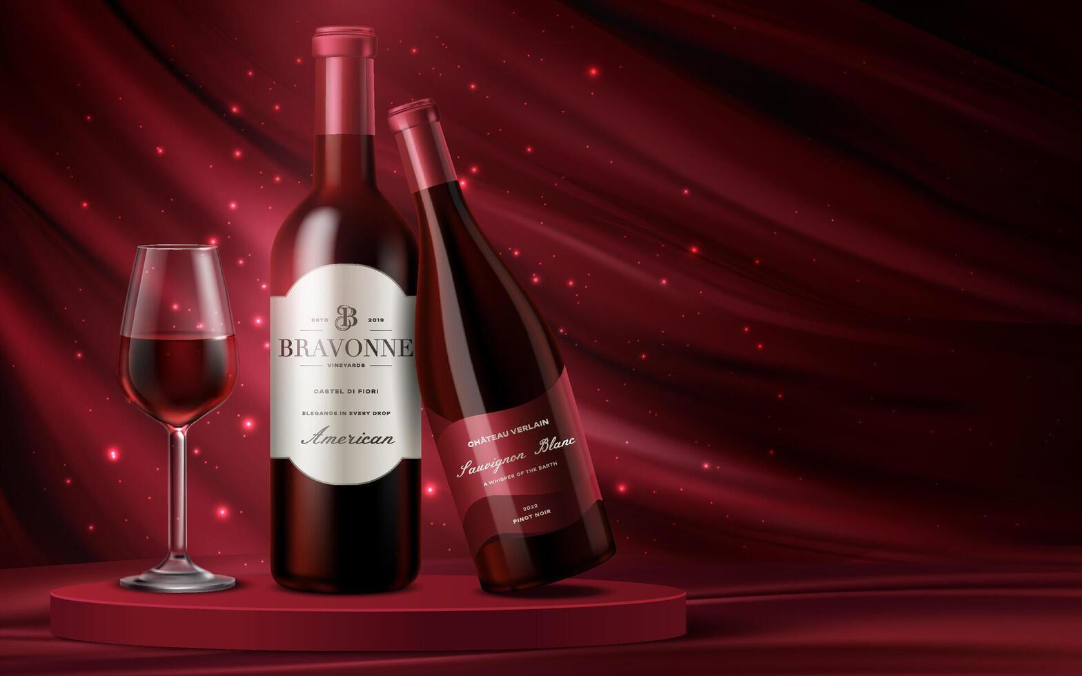 Realistic Luxury Red Wine Bottle Composition with Red Curtain vector