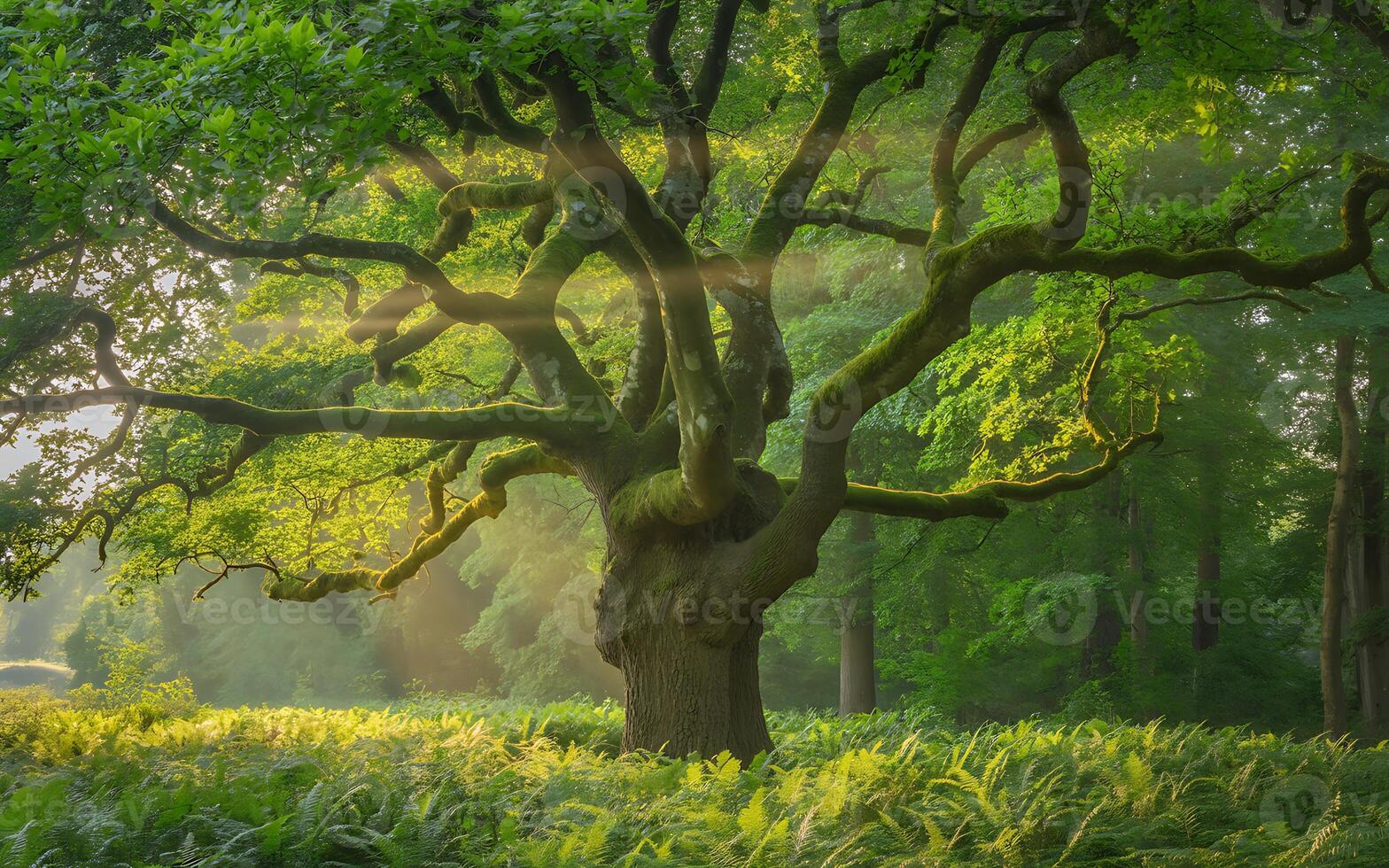 Ancient mossy oak tree in sunlit forest photo