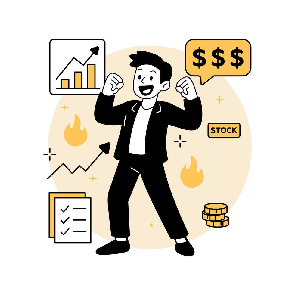 a man celebrating rising stock prices with charts and dollar icons. in a modern Stock Market flat illustrations vector