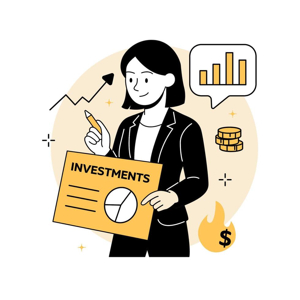 a woman analyzing her investment portfolio using charts and data. Ideal for stock market dashboards, finance web pages, fintech apps, and business illustrations vector