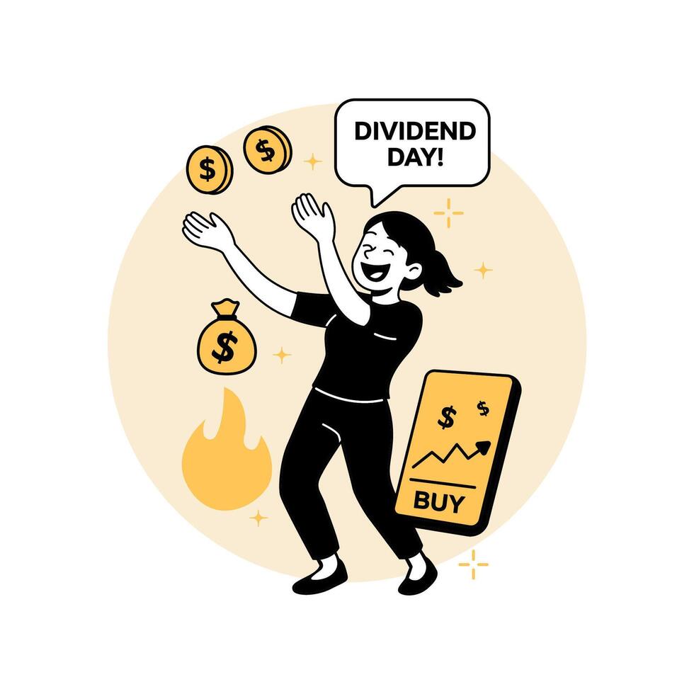 a cheerful woman celebrating dividend payout with flying coins and investment gains. Great for stock market apps, fintech websites, and financial landing pages vector