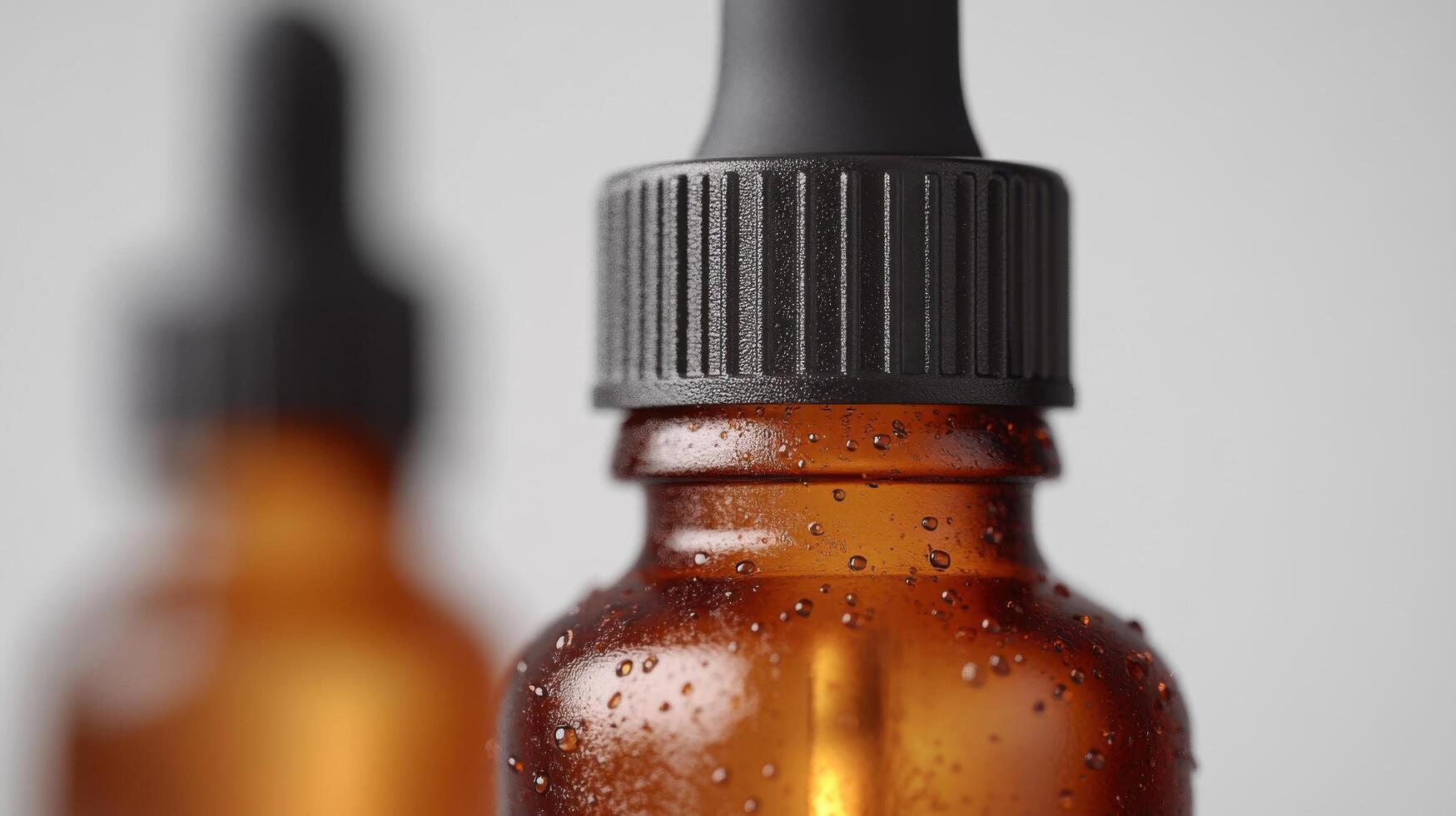 a bottle of essential oil is shown with droplets on it photo