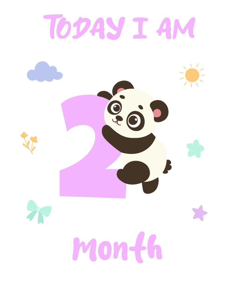 Baby milestone card with panda. Today I am 2 months sign. Cute baby age poster. vector