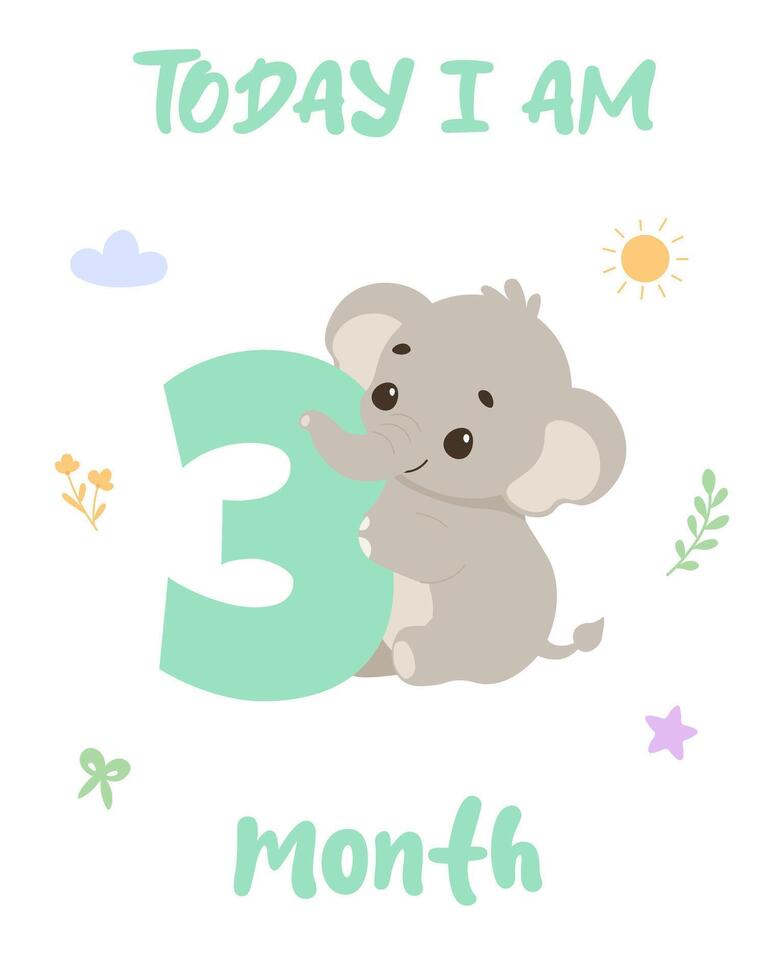 Baby milestone card. Cute elephant with number three. Today I am 3 months illustration. vector
