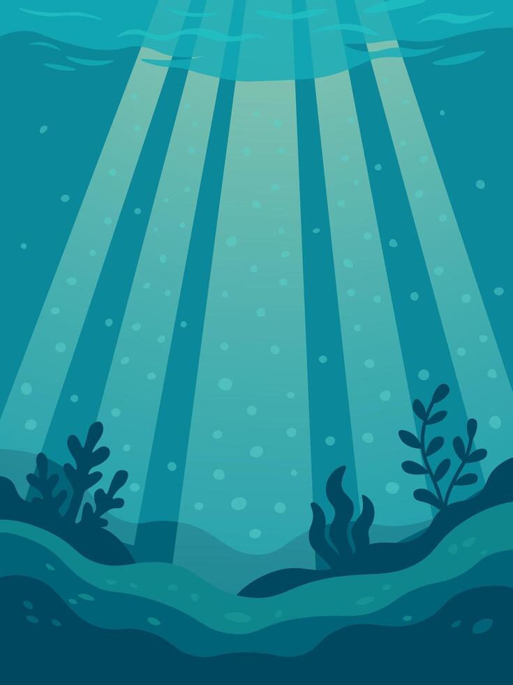 Underwater background with sun rays and sea plants. Ocean floor scenery. Submarine light beams. vector
