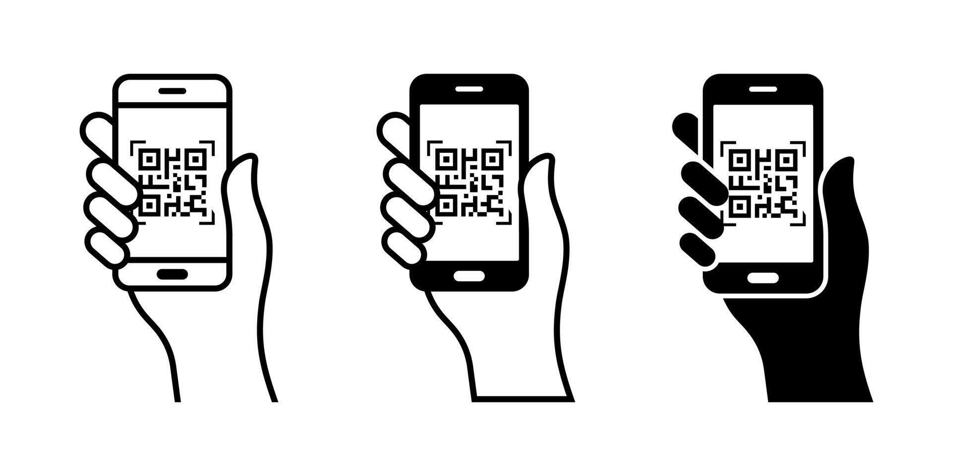 QR code scan icon. Mobile phone scanning QR code. Hand holding a phone with a scanner symbol. QR code icon set vector