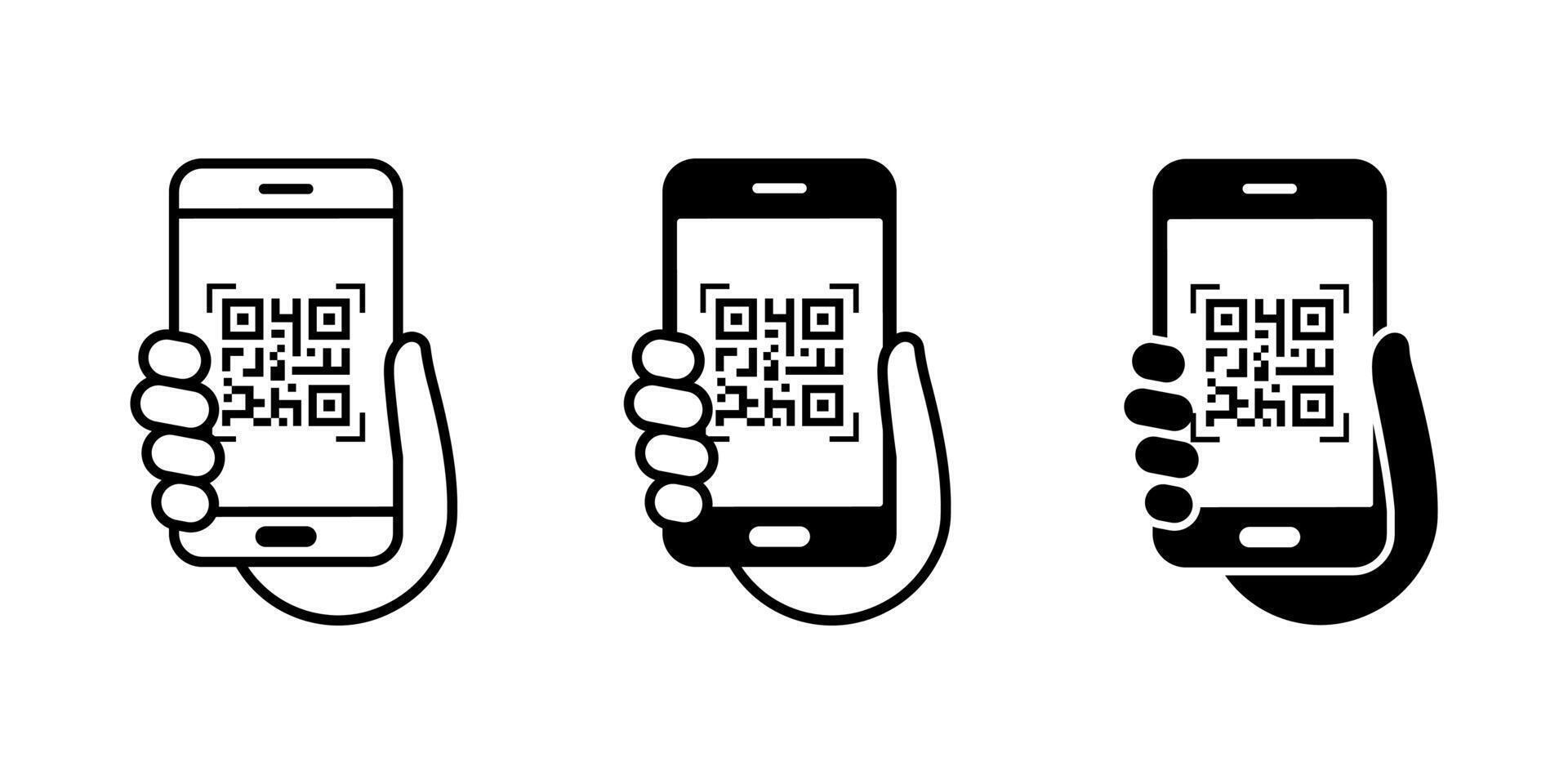 QR code scan icon. Mobile phone scanning QR code icon. Hand holding a phone with a scanner symbol. vector