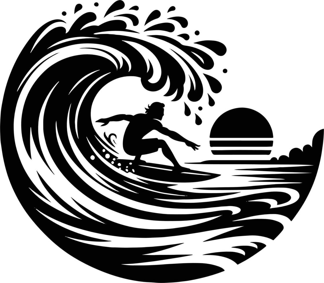 Silhouette Of A Male Surfer Catching A Big Wave At Sunset, Black And White Surfer Silhouette vector
