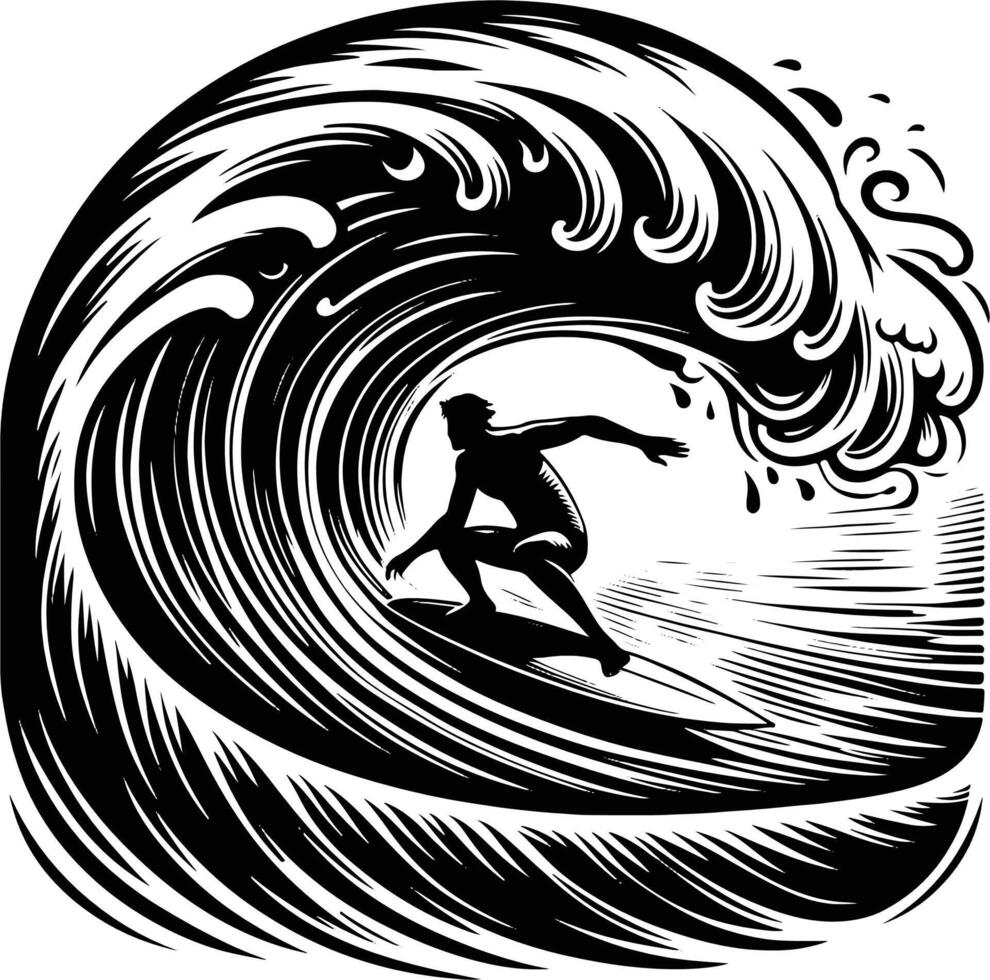 A Male Surfer Catching A Big Wave, Black And White Surfer Silhouette vector